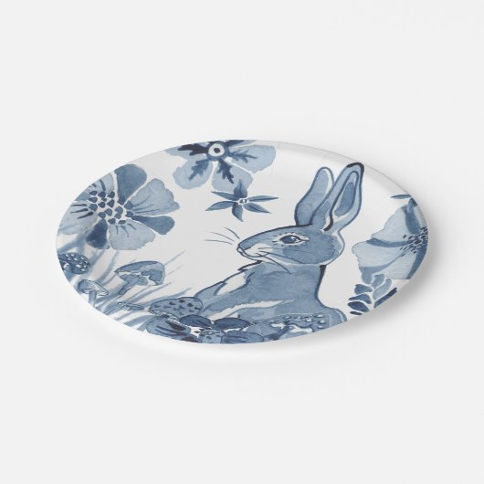 Blaue und weiße Blume Pilze Osterkaninchen Pappteller (Schrägansicht)