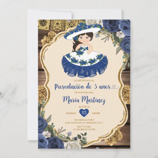 Blaue und weiße Blume Presentación De Tres Años Einladung (Vorderseite)