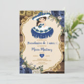 Blaue und weiße Blume Presentación De Tres Años Einladung (Stehend Vorderseite)