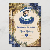 Blaue und weiße Blume Presentación De Tres Años Einladung (Vorne/Hinten)