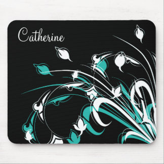 Blaue und weiße Blumen auf Schwarzem Mousepad