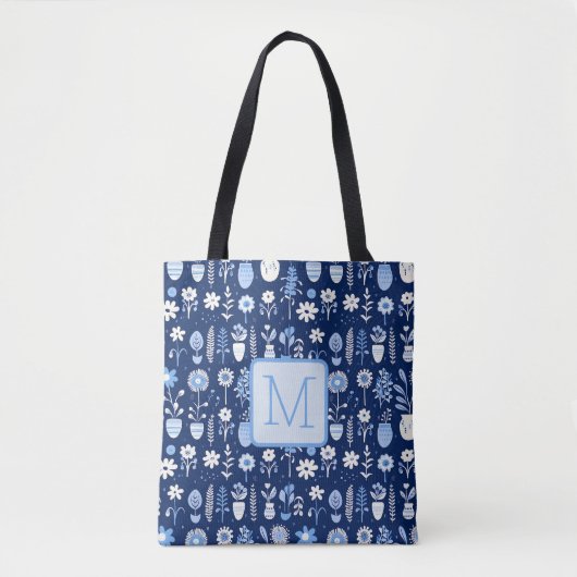 Blaue und weiße Blumen Farbblock-Monogramm Tasche (Vorderseite)