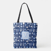Blaue und weiße Blumen Farbblock-Monogramm Tasche (Rückseite)