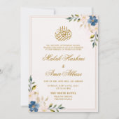 Blaue und weiße Blumen Gold Design Islamische Hoch Einladung (Vorderseite)