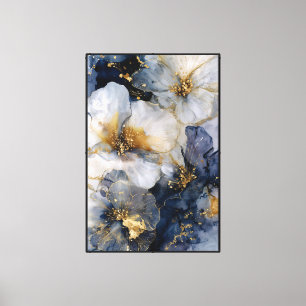 Blaue und weiße Blumen mit goldenen Adern – Abstra Leinwanddruck
