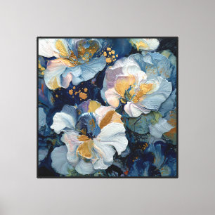 Blaue und weiße Blumen mit goldenen Akzenten Abstr Leinwanddruck