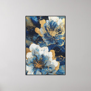 Blaue und weiße Blumen mit goldenen Highlights Leinwanddruck