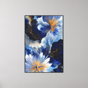 Blaue und weiße Blumen mit goldenen Zentren Abstra Leinwanddruck