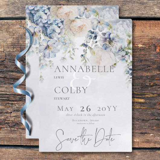 Blaue und weiße Blumen Moderne Hochzeit Save The Date
