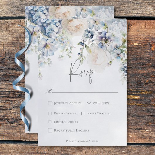 Blaue und weiße Blumen Modernes Hochzeitsessen RSVP Karte