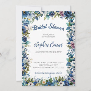 Blaue und weiße Blumen Weiße Braut Hochzeitsshower Einladung
