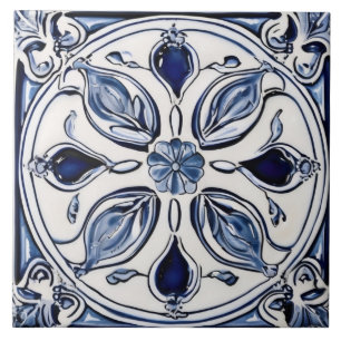 Blaue und weiße Blumenblätter Symmetrische Volksku Fliese