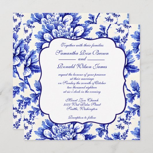 Blaue und weiße Blumendekoration französisches Lan Einladung (Vorne/Hinten)