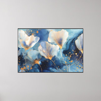 Blaue und weiße Blumengemälde mit goldenen Akzente Leinwanddruck