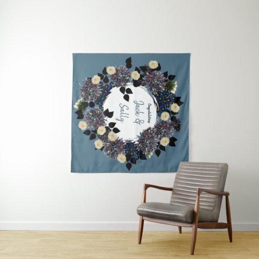 Blaue und weiße blumengeschmückte Hochzeit Wandteppich (Beispiel (Horizontal))