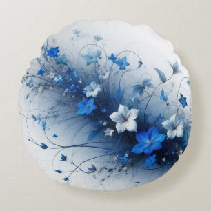 Blaue und weiße Blumengirlande Rundes Kissen