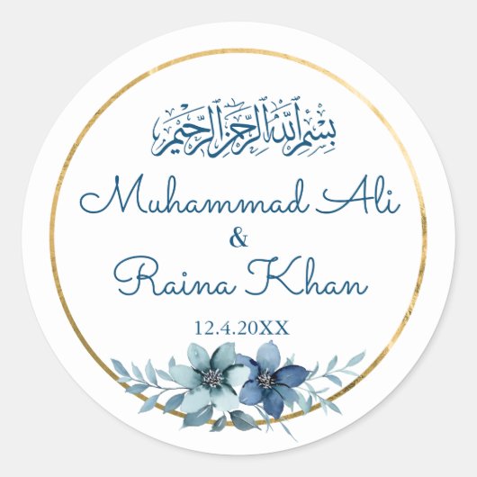 Blaue und weiße blumengoldene islamische Hochzeit Runder Aufkleber (Vorderseite)