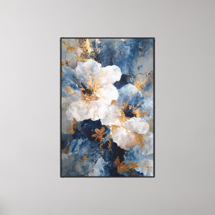 Blaue und weiße Blumenmalerei mit goldenen Akzente Leinwanddruck