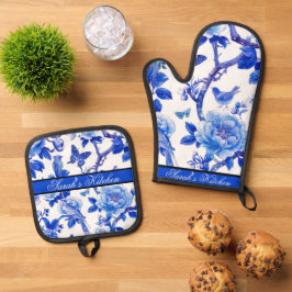 Blaue und weiße Blumenpracht Ofenhandschuh & Topflappen-Set