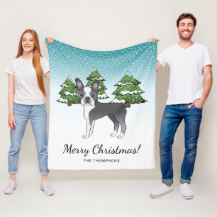 Blaue und weiße Boston Terrier in einem Winterwald Fleecedecke