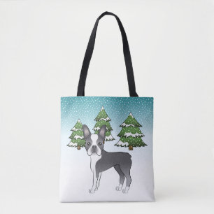 Blaue und weiße Boston Terrier in einem Winterwald Tasche
