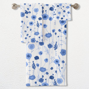 Blaue und weiße botanische Kunst mit Wildblumen Badhandtuch Set