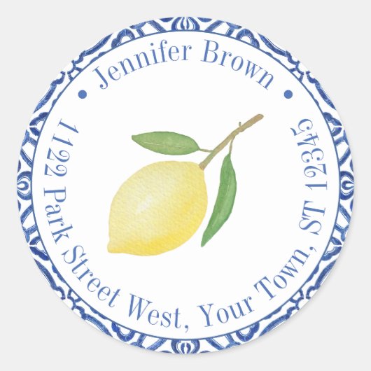 Blaue und weiße Capri-Lemon-Hochzeitsstiftung Rück Runder Aufkleber (Vorderseite)