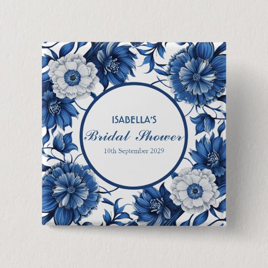 blaue und weiße Chinoiserie Antik Muster Braut Button (Vorderseite)
