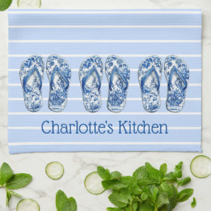 Blaue und weiße Chinoiserie Flip Flops auf Streife Geschirrtuch