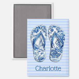 Blaue und weiße Chinoiserie-Flippflops auf Streife Magnet