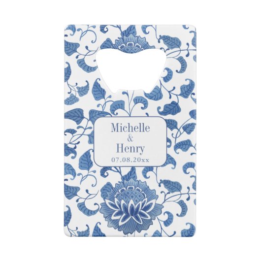 Blaue und weiße Chinoiserie Hochzeitsmonogramm Geldbeutel Flaschenöffner (Rückseite)