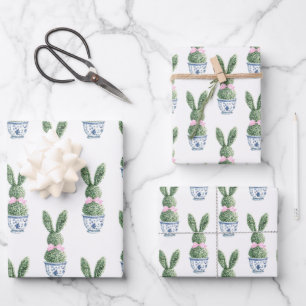 Blaue und weiße Chinoiserie mit Kaninchen-Topiar Geschenkpapier Set