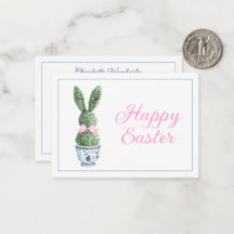 Blaue und weiße Chinoiserie mit Kaninchen-Topiar