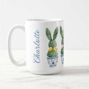 Blaue und weiße Chinoiserie mit Kaninchen-Topiarie Kaffeetasse