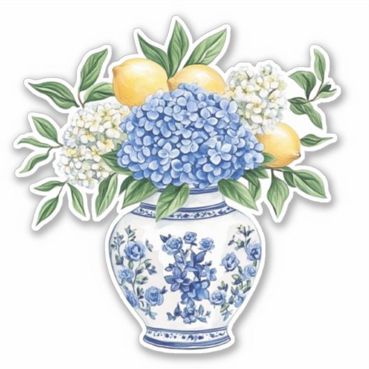 Blaue und weiße Chinoiserie-Vase mit Hortensien Aufkleber (Vorderseite)