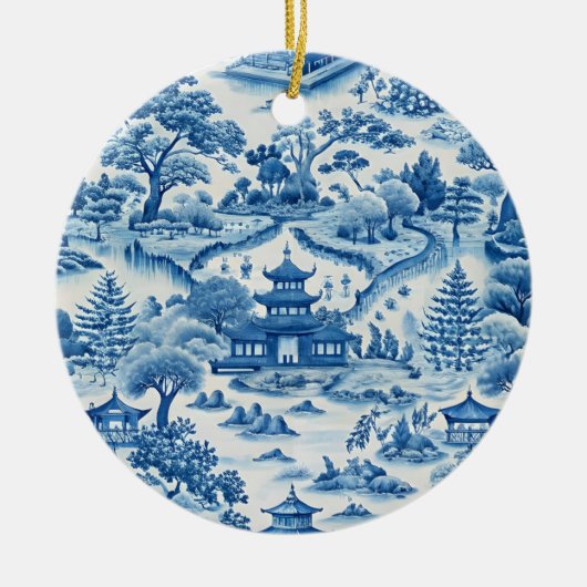 Blaue und weiße Chinoiserie Weihnachten Keramik Ornament (Vorne)
