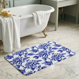 Blaue und weiße Dahlienblumen Toile de Jouy Badematte