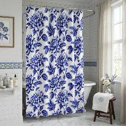 Blaue und weiße Dahlienblumen Toile de Jouy Duschvorhang