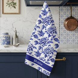 Blaue und weiße Dahlienblumen Toile de Jouy Geschirrtuch