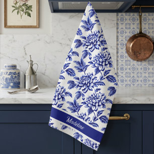 Blaue und weiße Dahlienblumen Toile de Jouy Geschirrtuch