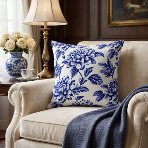 Blaue und weiße Dahlienblumen Toile de Jouy Kissen