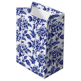 Blaue und weiße Dahlienblumen Toile de Jouy Mittlere Geschenktüte