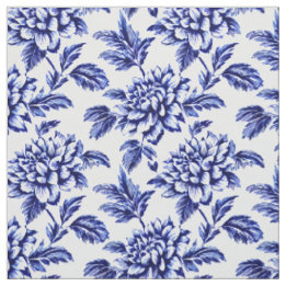 Blaue und weiße Dahlienblumen Toile de Jouy Stoff