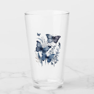 Blaue und weiße Delft-Kunstschmetterlinge mit Blum Glas
