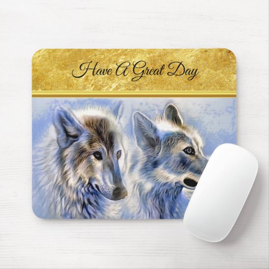 Blaue und weiße Eiswölfe mit Goldfolienstruktur Mousepad (Mit Mouse)