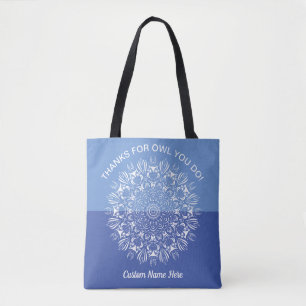 Blaue und weiße Eulen-Mandala-Lehrkräfteanerkennun Tasche