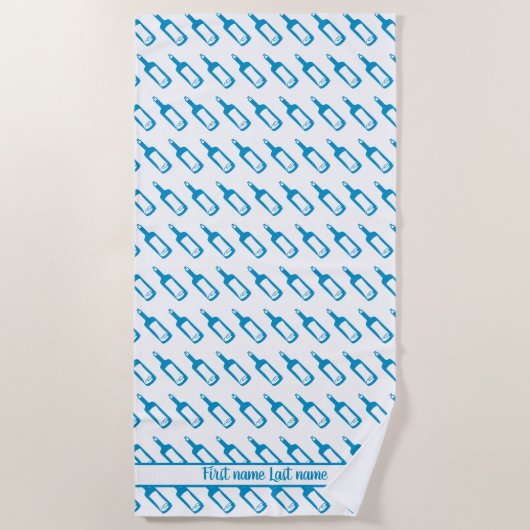 Blaue und weiße Flaschenmuster mit Ihrem Namen Strandtuch (Vorderseite)