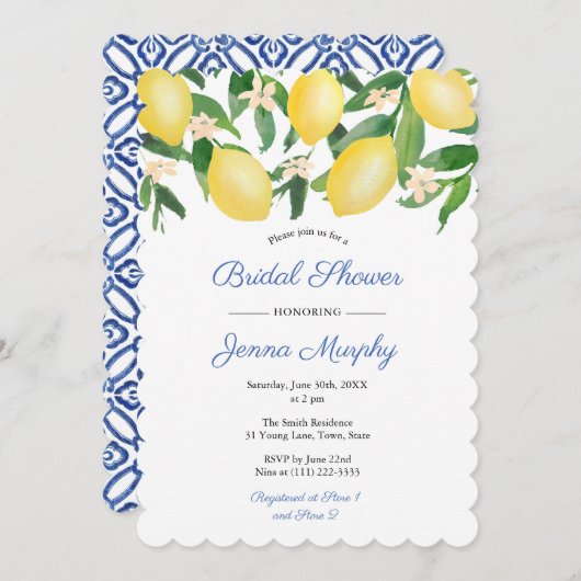 Blaue und weiße Fliesen Capri Lemons Brautparty Einladung (Vorne/Hinten)