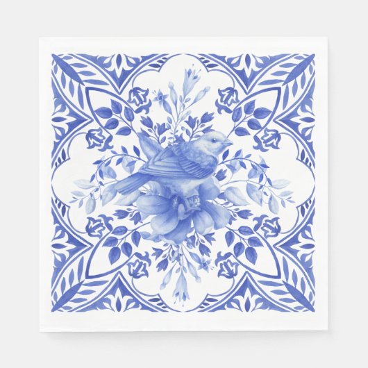 Blaue und weiße Flora-Tile mit Vögeln Napkins Serviette (Vorderseite)