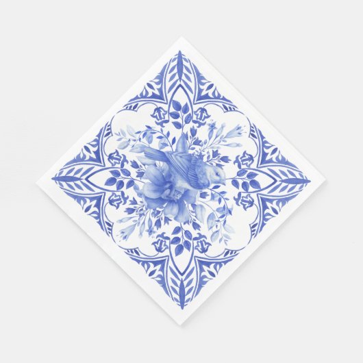 Blaue und weiße Flora-Tile mit Vögeln Napkins Serviette (Ecke)